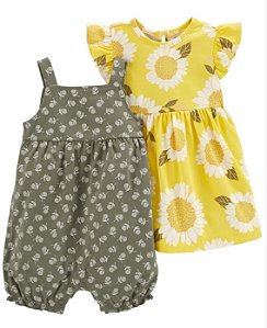 Kit Romper e Vestido Carters Macaquinho Verde Flores e Vestido Girassol