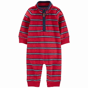 Macacão Carters Fleece Bebe Jumpsuit Vermelho Listras