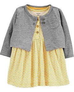 Vestido Carters Amarelo com Cardigan Cinza
