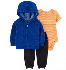 Conjunto Carters 3 pecas Casaco Sherpa Azul e Laranja