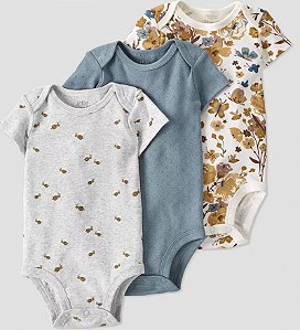 Kit Body Carters Manga Curta 3 pecas Algodao Organico Flores Amarelo - Little Planet