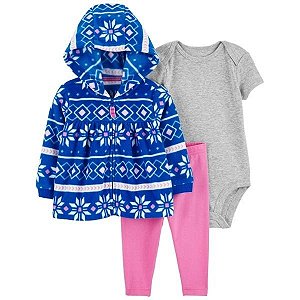 Conjunto Carters 3 pecas Casaco Fleece Azul e Rosa Etnico