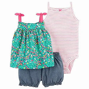 Conjunto Carters 3 pecas Curto Trio Verde Flores