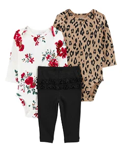 Conjunto Carters 3 pecas Longo Trio Leopardo e Flores