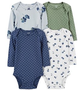 Kit Body Carters Manga Longa 4 pecas Poa e Flores