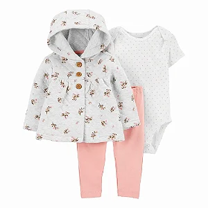 Conjunto Carters 3 pecas Casaco Fleece Cinza Flores