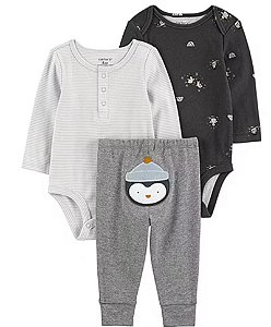 Conjunto Carters 3 pecas Longo Trio Pinguim Cinza