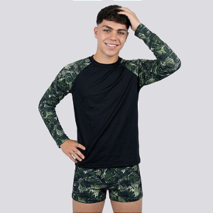 Conjunto Menino Blusa Manga Estampada + Sunga Estampada Adolescente Proteção UV50+ 44-ME