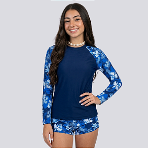 Conjunto Menina Blusa Manga Raglan Estampada e Shorts Estampo de Plantas Tropicais Adolescente 49-ME