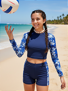 Conjunto de Cropped e Shorts Estampa de Plantas Tropicais de Manga Raglan para Adolescentes 65-A