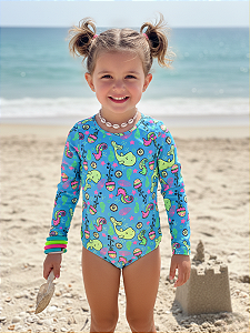 Maiô Menina Manga Longa Infantil/Juvenil com Proteção UV50+ Forrado Moda Praia 4 ao 10 76-A