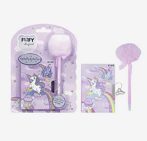 Caneta Pompom Unicórnio Kawaii com Bloco de Notas – Kit Papelaria Fofa Infanti