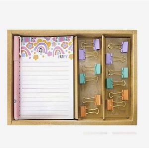 Kit Papelaria Fofa com Bloco Adesivo e Clips Coloridos Kawaii para Estudos e Escritório