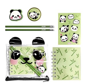 Kit Papelaria Panda Kawaii com Lápis, Régua e Adesivos – Estojo Escolar Fofo Infantil
