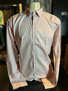 Camisa Marco Véio Manga Longa Slim Fit Xadrez Branco/Salmão
