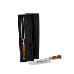 Kit Churrasco em Aço Inox Premium com Cabo de Madeira + Estojo Preto - Personalizado