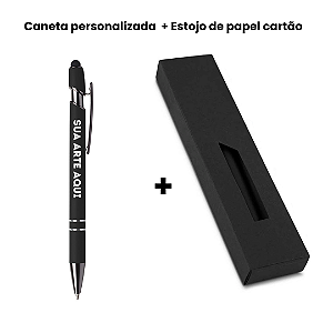 Caneta Touch Metálica Preta Personalizada + Estojo Papel Cartão