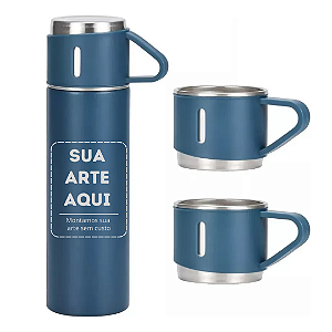 Garrafa Térmica a Vácuo Inox Kit 3 Xícaras de 500ml Personalizada - Cor Azul