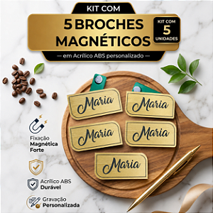 Kit 5 Broches em acrílico ABS Magnético Retangular Canto Arredondado - Personalizado