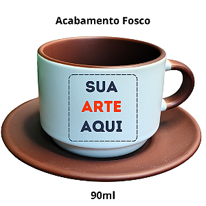 Xícara de Porcelana Branca Fosco de 90ml com Interior Alça cor Marrom Personalizada Com Pires