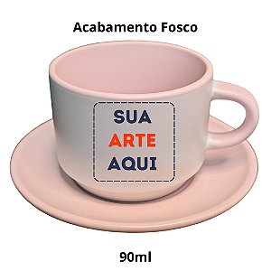 Xícara de Porcelana Branca Fosco de 90ml com Interior Alça cor Rosa Personalizada Com Pires