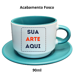 Xícara de Porcelana Branca Fosco de 90ml com Interior Alça cor Azul Personalizada Com Pires