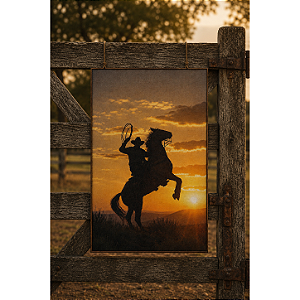 Quadro Peão Cowboy e Laço - 60 x 90 cm - Moldura De Couro