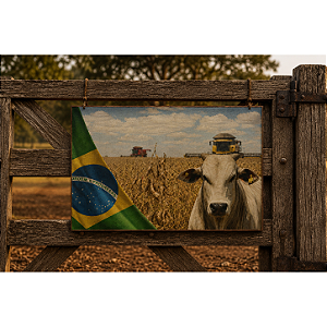 Quadro Agro Brasil Colheita E Gado - 60 x 90 cm - Moldura De Couro