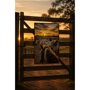 Quadro Tocando o Gado Por do Sol - 60 x 90 cm - Moldura De Couro