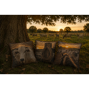 Kit 3 Almofadas Tocando o Gado Por do Sol - 43 x 43 cm - Com Vivo de Couro