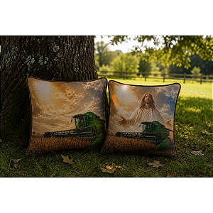 Kit 2 Almofadas Deus Abençoando a Colheita - 43 x 43 cm - Com Vivo de Couro