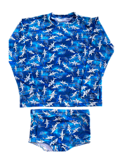 Conjunto Infantil Camiseta Proteção UV 50+ e Sunga Box Tubarão