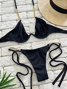 Calcinha Preto Maiorca Fio Duplo Amarra Fina com Correntes (BUSTO NÃO INCLUSO)