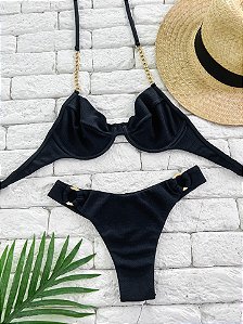 Calcinha Asa Delta Fio Duplo Preto Maiorca com Argola (BUSTO NÃO INCLUSO)