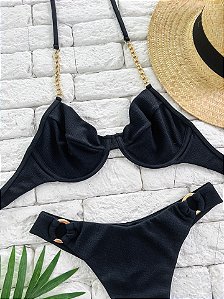Top Meia Taça Preto Maiorca com Correntes sem Bojo (CALCINHA NÃO INCLUSO)