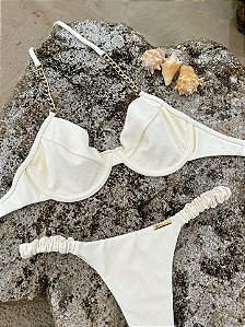 Top Meia Taça Pérola Maiorca com Correntes sem Bojo (CALCINHA NÃO INCLUSO)