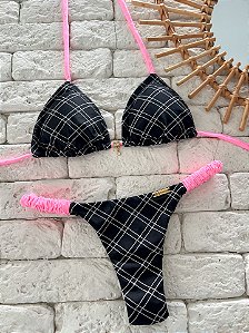 Calcinha Frufru Fio duplo Xadrez P&B + Rosa (CORTININHA NÃO INCLUSO)