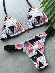 Calcinha Fio Duplo Mármore com Trança Lateral Preto Shine (BUSTO NÃO INCLUSO)