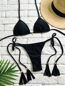 Calcinha Fio Duplo Amarra Fina Preto Shine (BUSTO NÃO INCLUSO)