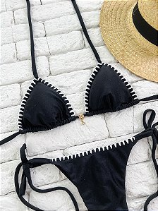 Cortininha Preto Shine com Crochê e Bojo Removível (CALCINHA NÃO INCLUSO)