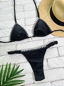 Calcinha Frufru Fio duplo Preto Shine com Crochê (CORTININHA NÃO INCLUSO)