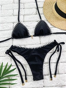 Calcinha Asa Delta Fio Duplo Preto Shine com Amarras e Crochê (BUSTO NÃO INCLUSO)