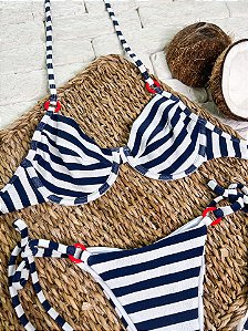 Top Meia Taça Listrado Azul com Argola sem Bojo (CALCINHA NÃO INCLUSO)