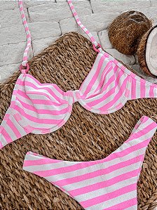 Top Meia Taça Listrado Rosa com Argola sem Bojo (CALCINHA NÃO INCLUSO)