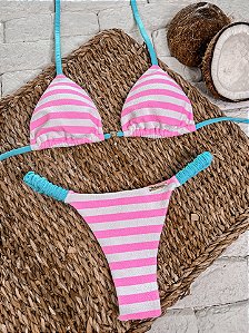 Calcinha Frufru Fio duplo Listrado Rosa + Azul Bebê (CORTININHA NÃO INCLUSO)