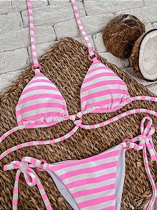 Cortininha Argola Listrado Rosa com Costura Embutida e Bojo Removível (CALCINHA NÃO INCLUSO)