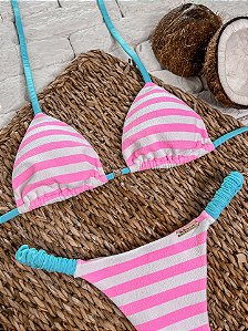 Cortininha Listrado Rosa + Azul Bebe com Costura Embutida e Bojo Removível (CALCINHA NÃO INCLUSO)