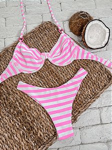 Calcinha Asa Delta Fio Duplo Listrado Rosa (BUSTO NÃO INCLUSO)