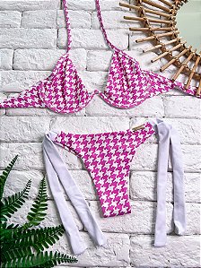 Calcinha Fio Duplo Pied Poule Pink Amarra Larga (CORTININHA NÃO INCLUSO)