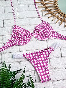 Calcinha Fio Duplo Pied Poule Pink com Trança Lateral Branca (BUSTO NÃO INCLUSO)